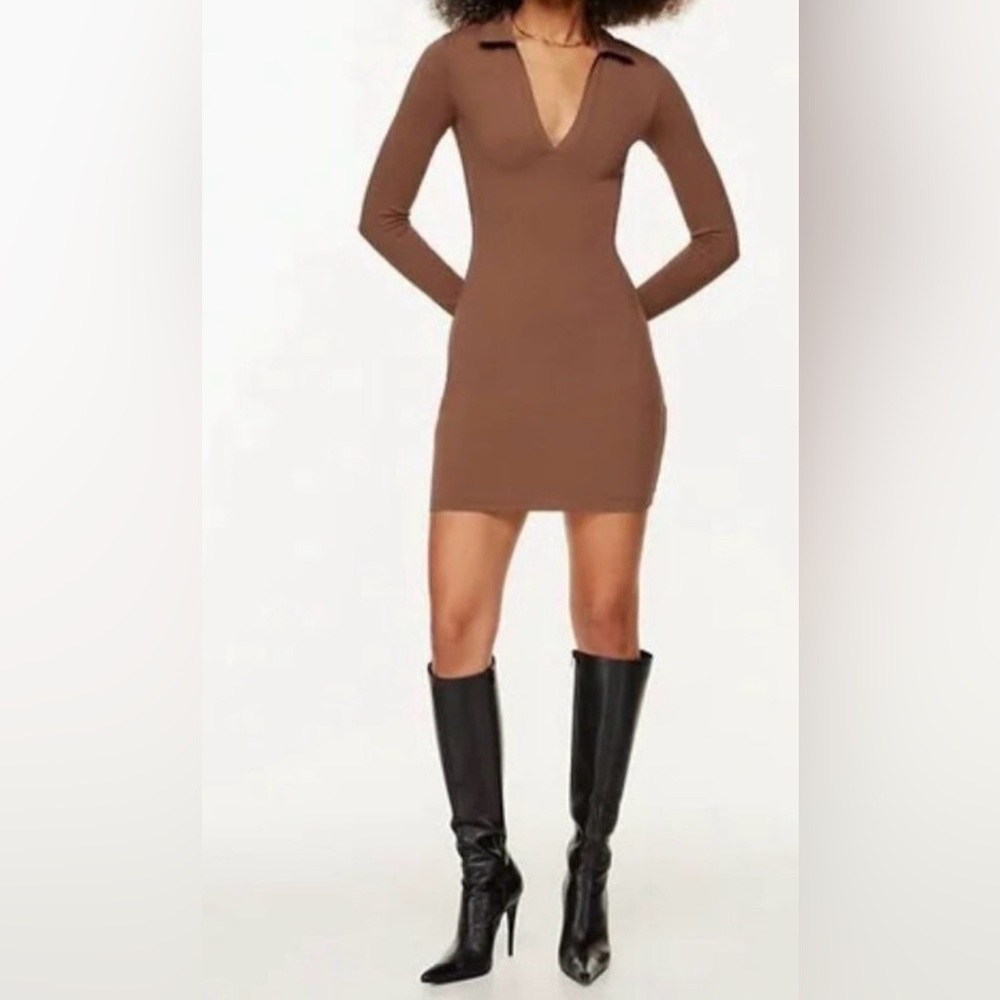 NWT Babaton by Aritzia Brown Long-Sleeve Sullivan Contour Polo Dress, Size S